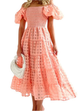 Gingham & Heels Bianna Pink/Coral Puff Sleeve Midi Dress Coquette Cottagecore 10
